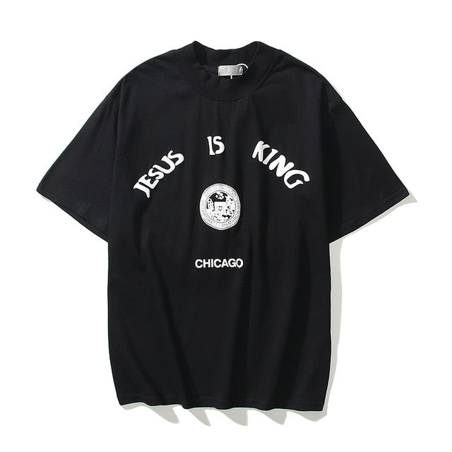 Kanye West Skull Print suelta Casual hombres y mujeres camisetas Harajuku Oversize cuello redondo manga corta Hip Hop camiseta Streetwear camisetas