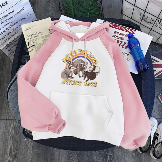 Sudadera con capucha con estampado de gatos callejeros para mujer, ropa de cuello redondo con dibujos animados, sudadera holgada Vintage, Sudadera con capucha de estilo Hip Hop para mujer