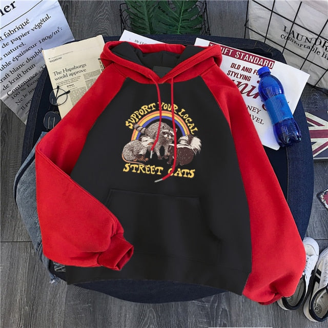 Sudadera con capucha con estampado de gatos callejeros para mujer, ropa de cuello redondo con dibujos animados, sudadera holgada Vintage, Sudadera con capucha de estilo Hip Hop para mujer