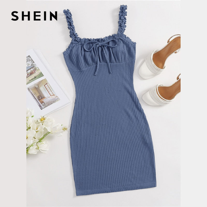 SHEIN Frill Trim Ruched Bust Tie Front Waffle Knit Pencil Cami Dress Women Spring Square Neck Bodycon Cute Slim Fit Mini Dresses