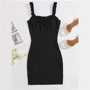 SHEIN Frill Trim Ruched Bust Tie Front Waffle Knit Pencil Cami Dress Women Spring Square Neck Bodycon Cute Slim Fit Mini Dresses