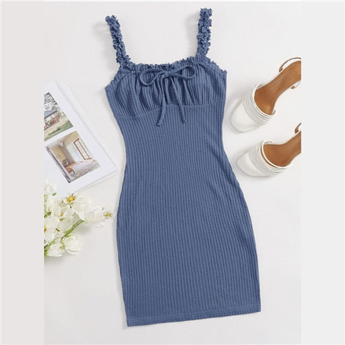 SHEIN Frill Trim Ruched Bust Tie Front Waffle Knit Pencil Cami Dress Women Spring Square Neck Bodycon Cute Slim Fit Mini Dresses