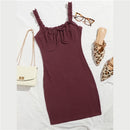 SHEIN Frill Trim Ruched Bust Tie Front Waffle Knit Pencil Cami Dress Women Spring Square Neck Bodycon Cute Slim Fit Mini Dresses