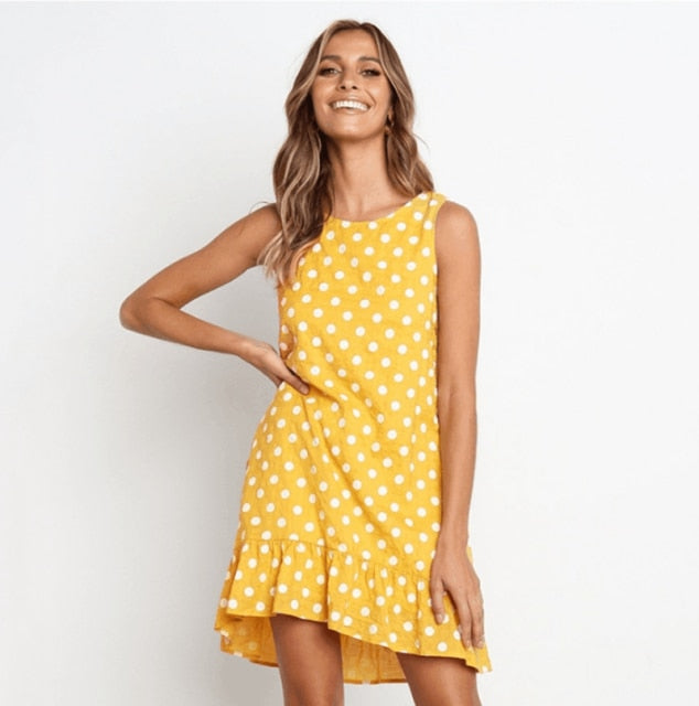 Lossky Damen Sommerkleid Polka Dot Chiffon Ärmellos Strand Mini Casual Gelb Sommerkleid 2021 Mode Plus Size Kleid für Frauen