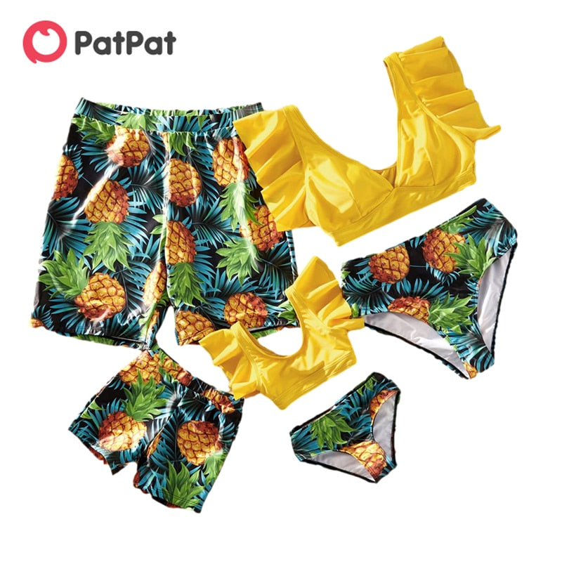 PatPat 2021 New Summer Ruffle Sleeve Swimsuits Family Look Pineapple full print Yellow Sets Family Matching Swimwear
