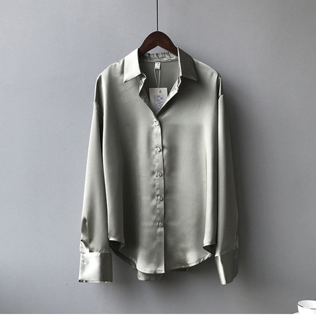 2021 Spring Shirt Women Blouse Button Up Satin Silk Shirts Blouse Women Long Sleeves Blouses Shirts Vintage Female Street Tops
