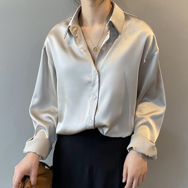 2021 Spring Shirt Women Blouse Button Up Satin Silk Shirts Blouse Women Long Sleeves Blouses Shirts Vintage Female Street Tops