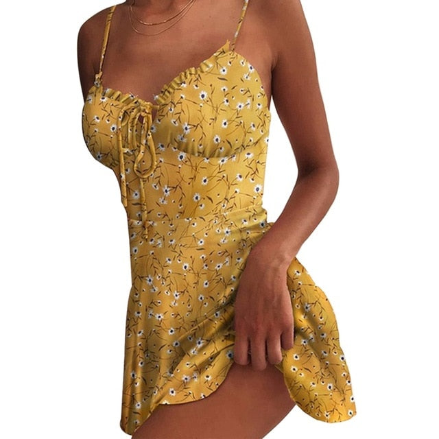 MoneRffi 2021 Sommer V-Ausschnitt Blumendruck Kleid Frauen Schulterfrei Rüschen Partykleid Sexy Lace-Up Backless Minikleider Vestidos