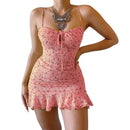 MoneRffi 2021 Summer V Neck Floral Print Dress Women Off Shoulder Ruffle Party Dress Sexy Lace-Up Backless Mini Dresses Vestidos