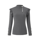 Blusa de talla grande para mujer, Otoño Invierno, manga larga, punto, volantes, botones, blusa, camisa básica