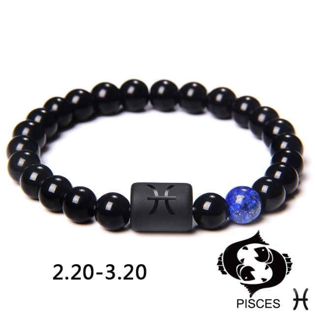 12 Sternbild Sternzeichen Perlen Paare Armband Natur Schwarzer Onyx Stein Elastisches Bettelarmband für Frauen Männer Geburtstagsgeschenk