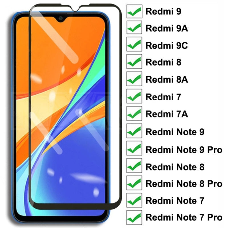 Vidrio templado 9D para Xiaomi Redmi 9 9A 9C 8 8A 7 7A Protector de pantalla de vidrio Redmi 10X Note 8 8T 7 9S 9 Pro Max Vidrio protector