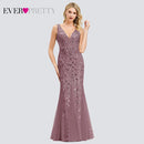 Burgundy Evening Dresses For Women Party Ever Pretty EP07886 Elegant V-Neck Mermaid Sequin Wedding Formal Gown Abendkleider 2021