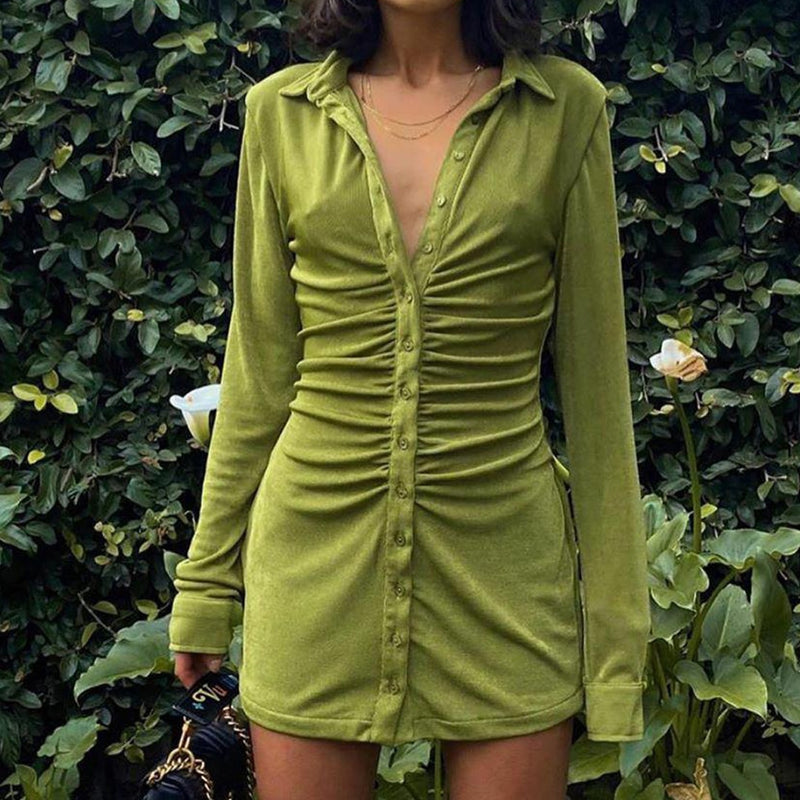 Mini vestido ajustado Sexy para mujer, vestido de fiesta verde para discoteca, Vestidos cortos con botones y cuello vuelto, ropa de calle elegante para mujer, Vestidos