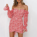 Yojoceli sexy floral print shirred dress women square neck long sleeve slim mini dress chiffon dress