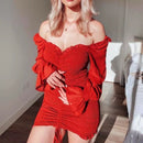 Yojoceli sexy floral print shirred dress women square neck long sleeve slim mini dress chiffon dress