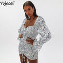Yojoceli sexy floral print shirred dress women square neck long sleeve slim mini dress chiffon dress