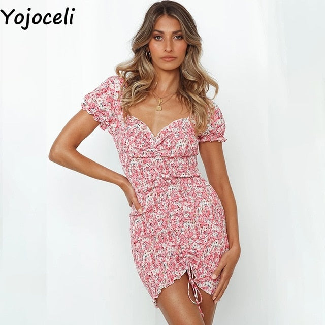 Yojoceli sexy gerafftes Kleid mit Blumendruck, Damen, quadratischer Ausschnitt, lange Ärmel, dünnes Minikleid, Chiffonkleid
