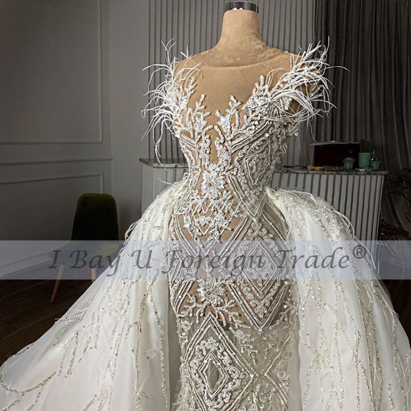 Vestido de novia de lujo con cuentas completas 2021 tren extraíble Vintage pluma sirena vestido de novia