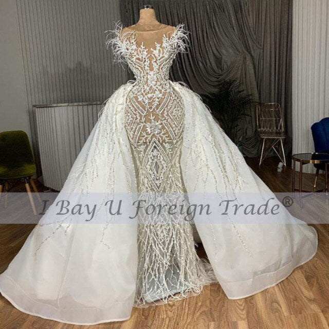 Luxury Full Beading  Wedding Dress 2021 Removable Train Vintage Feather Mermaid Bridal Gown