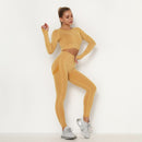 Nahtloses Frauen-Sport-Set für Fitnessstudio, Langarm-Oberteil, hohe Taille, Bauchkontrolle, Leggings, Kleidung, nahtloser Sportanzug, sexy Beute, Mädchen