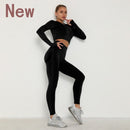 Nahtloses Frauen-Sport-Set für Fitnessstudio, Langarm-Oberteil, hohe Taille, Bauchkontrolle, Leggings, Kleidung, nahtloser Sportanzug, sexy Beute, Mädchen