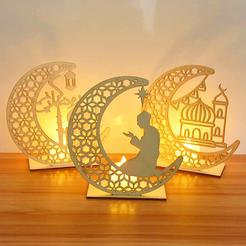 Colgante de madera EID Mubarak con velas LED, decoraciones de Ramadán para el hogar, fiesta musulmana islámica, decoración Eid Kareem Ramadan