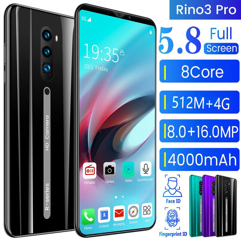 Rino3 Pro Pantalla de 5,8 pulgadas Teléfono Android Pantalla de gota de agua púrpura Teléfono inteligente Color sólido Teléfono móvil Forma fresca Moda