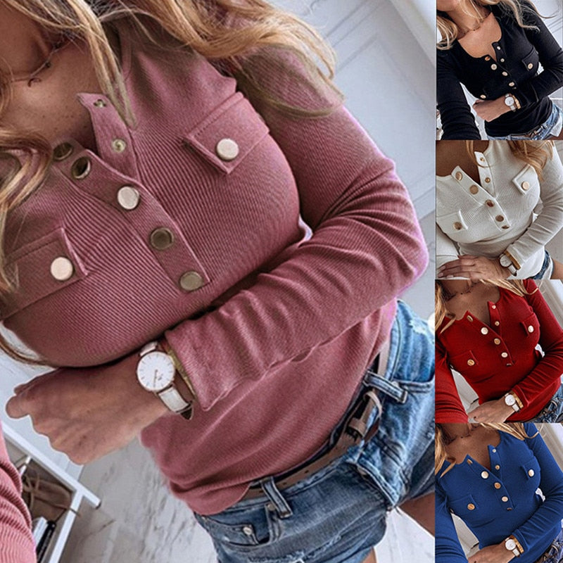 Damen Herbst Winter Strickpullover Tops Casual Langarm Umlegekragen Button Up Pocket Pullover Mäntel