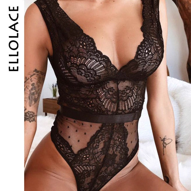 Ellolace Sommer-Spitze-Bodysuit-Frauen-Blumenstickerei-tiefer V-Ausschnitt Sexy Bodysuit-Punkt-Patchwork-Overall-Overalls 2019 Femlae-Body