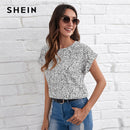 SHEIN Black and White All Over Print Top Women Summer Round Neck Roll Up Sleeve Casual Tops and Blouses
