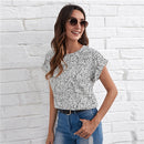 SHEIN Black and White All Over Print Top Women Summer Round Neck Roll Up Sleeve Casual Tops and Blouses