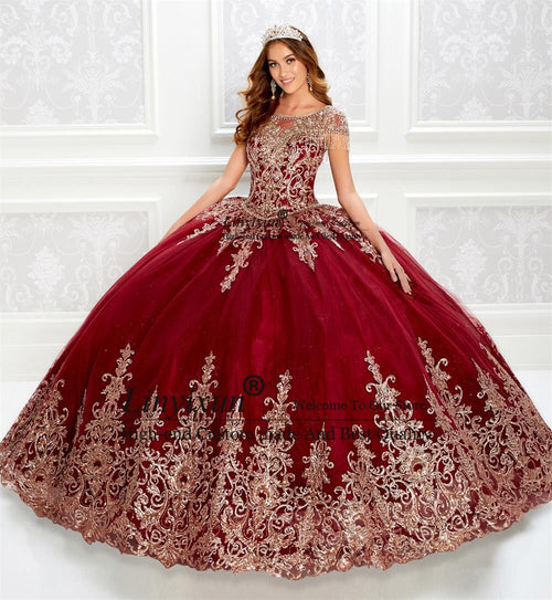 The Sevilla | Burgundy Embroidered Quinceanera Ball Gown with Floral Lace Appliques