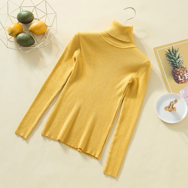 Suéter de punto de cuello alto negro, Top corto para mujer, suéter amarillo de manga larga, ropa de invierno Sexy para mujer, Top de rutina de manga larga 2020