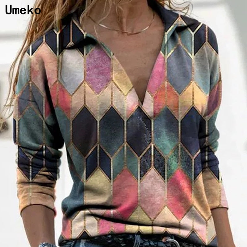Umeko Vintage Rhombus Print Shirt Blusa Otoño Elegante V Turn-Down Collar Oficina Señora Camisas Tops Casual Mujer Blusas sueltas