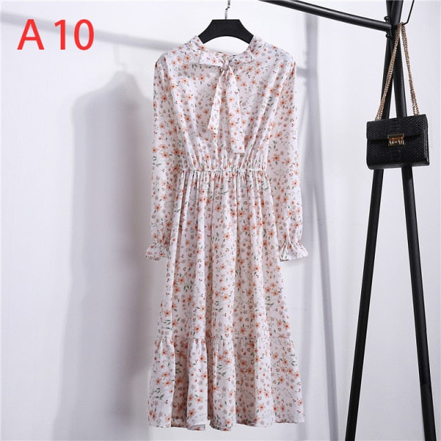 Frauen-beiläufiges Herbst-Kleid-Dame-koreanischer Art-Weinlese-Blumendruck-Chiffon-Hemd-Kleid-lange Hülsen-Bogen-Midi-Sommer-Kleid Vestido