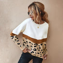 Fashion Leopard Patchwork Autumn Winter 2021 Ladies Knitted Sweater Women O-neck Full Sleeve Jumper Pullovers Top Khaki Brown