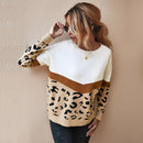 Fashion Leopard Patchwork Autumn Winter 2021 Ladies Knitted Sweater Women O-neck Full Sleeve Jumper Pullovers Top Khaki Brown