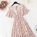 2021 Summer Women Ruffled Short-sleeved Chiffon Dress V-neck High Waist Floral Print Beach Midi Dresses Backless Sexy Vestidos