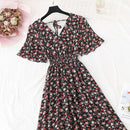 2021 Summer Women Ruffled Short-sleeved Chiffon Dress V-neck High Waist Floral Print Beach Midi Dresses Backless Sexy Vestidos
