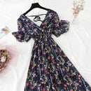 2021 Summer Women Ruffled Short-sleeved Chiffon Dress V-neck High Waist Floral Print Beach Midi Dresses Backless Sexy Vestidos