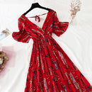 2021 Summer Women Ruffled Short-sleeved Chiffon Dress V-neck High Waist Floral Print Beach Midi Dresses Backless Sexy Vestidos