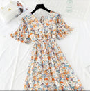 2021 Summer Women Ruffled Short-sleeved Chiffon Dress V-neck High Waist Floral Print Beach Midi Dresses Backless Sexy Vestidos