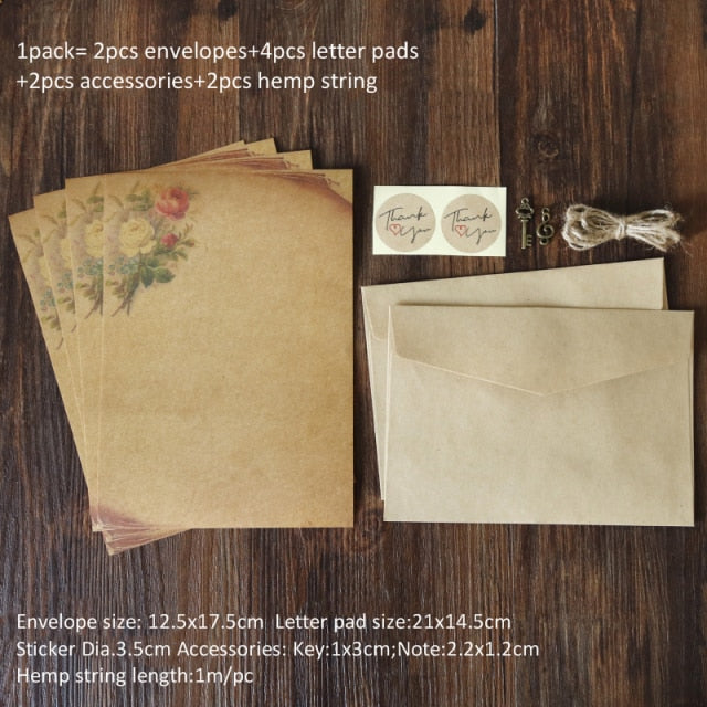 1pack Vintage Kraft Envelope Letter Pad Set Valentine's Day Love Letter Invitation Envelopes Writing Paper with Rope Accessories
