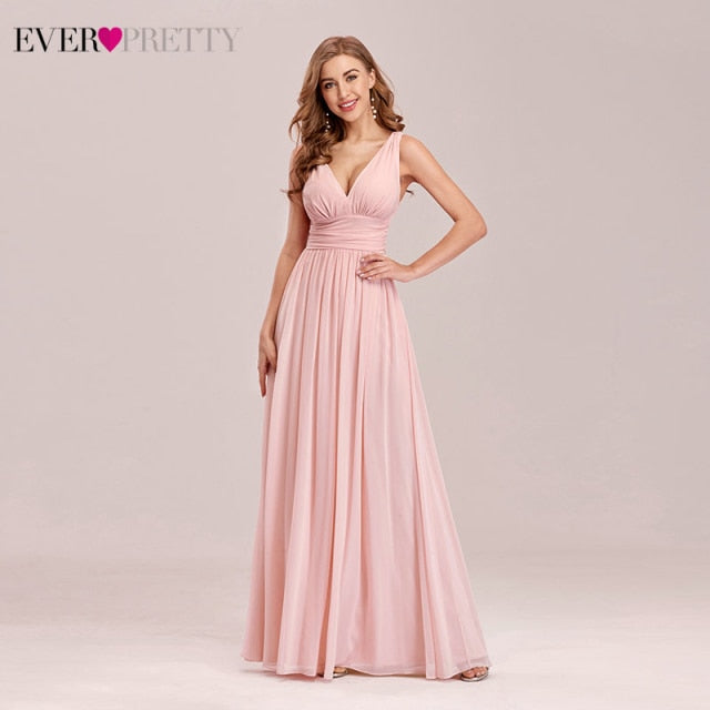 Königsblaues Brautjungfernkleid Plus Size Ever Pretty A-Linie V-Ausschnitt Chiffon Elegantes rosa langes Kleid für Hochzeitsfeier für Frau 2021