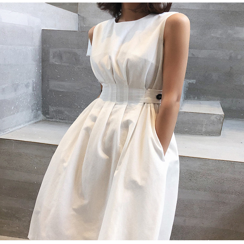 2021 Summer Women Solid White Black Fashion Elegant Casual Party Dress O neck Sleeveless Tank Sundress Female Vestido