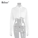 Bclout, Top corto informal, blusas para mujer, camisa blanca con cuello vuelto a la moda, blusa de manga acampanada, Tops sexis de otoño para mujer