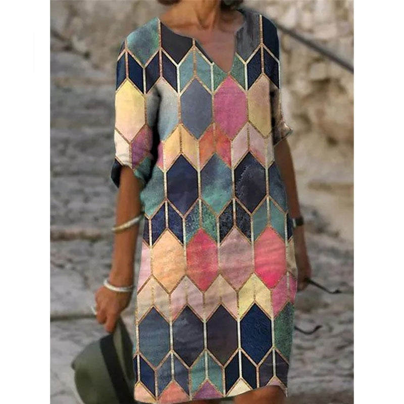 Halbärmliges V-Ausschnitt bedrucktes lockeres Kleid Damenmode lässig Vintage Frühling Herbst Allgleiches Plus Size Strandkleider Vestidos