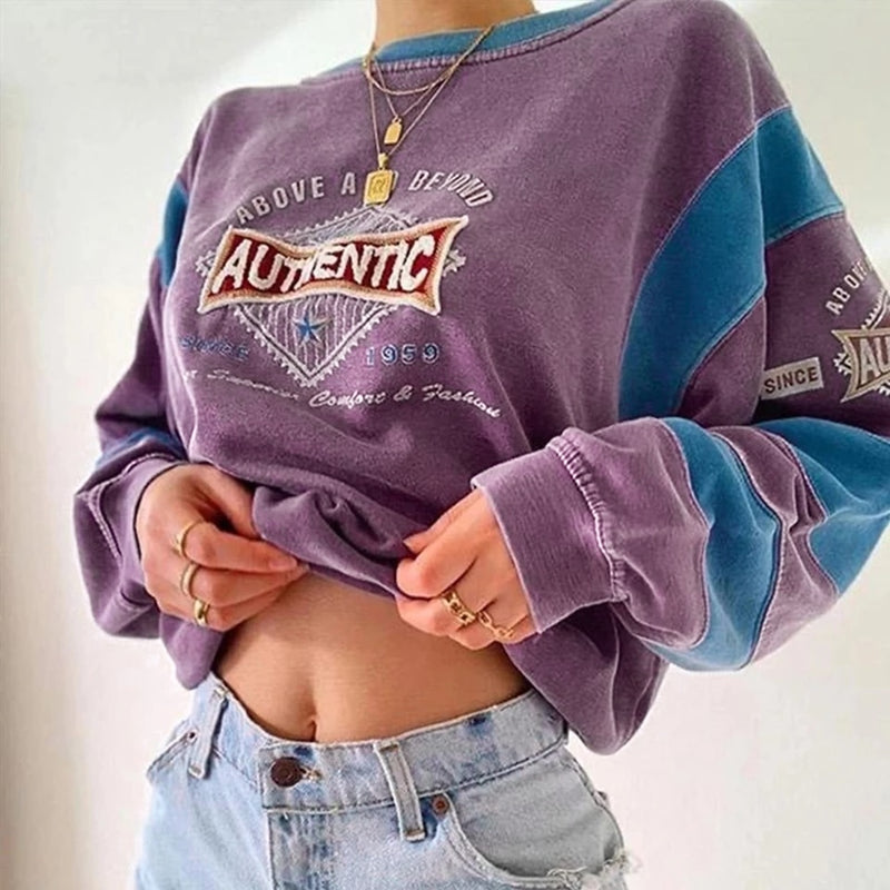 2021 Women Embroidery Letter Print Sweatershirts Round Neck Oversize Sweatershirt Casual Tops Autumn Spring Purple Hoodies