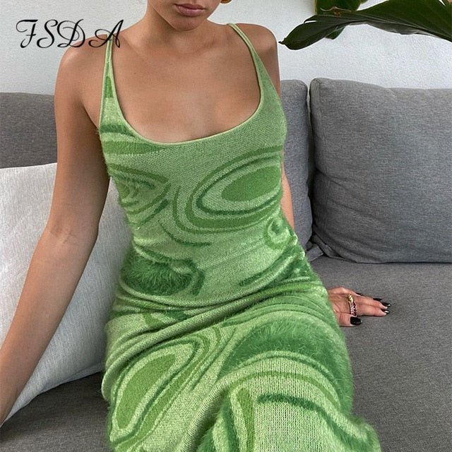 FSDA 2021 vestido ajustado de punto estampado mujer verde Y2K verano ahueca hacia fuera Sexy sin mangas Spaghetti Strap playa Midi vestidos de fiesta